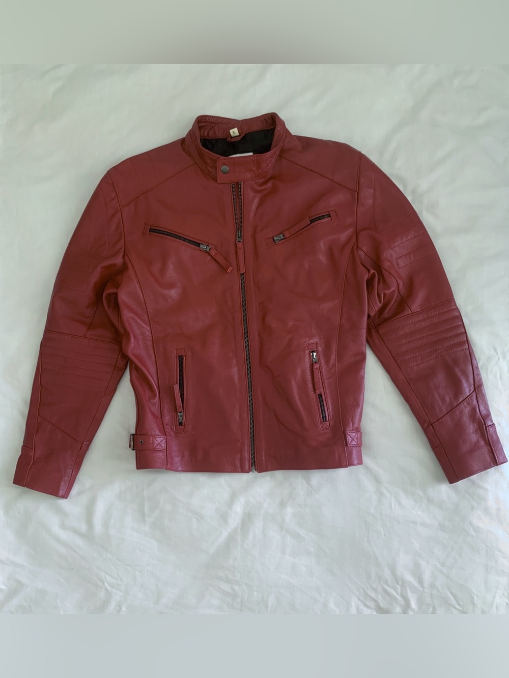 Decimal Red Genuine Lambskin Leather Cafe Racer Moto Biker Jacket Size S